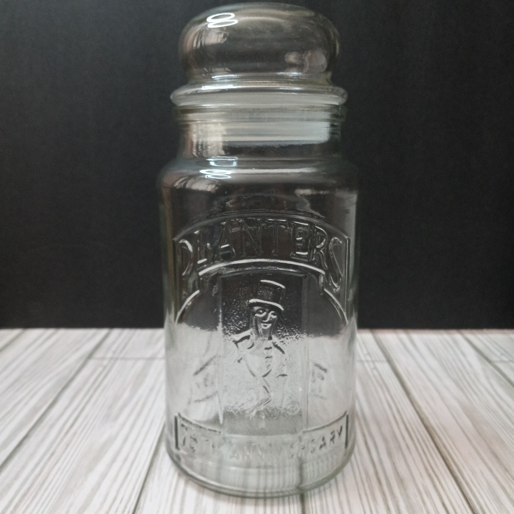 Vintage 80s Planters Mr. Peanut 75th Anniversary Glass Jar